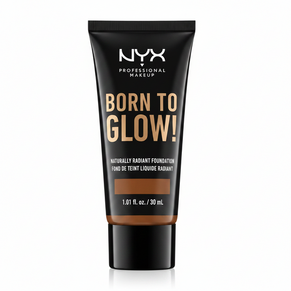 NYX Professional Makeup Born To Glow Naturally Radiant Foundation in 22.3 Walnut featuring a lightweight liquid formula with a naturally radiant finish in a squeeze bottle.