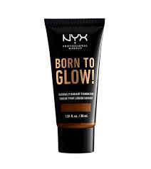 NYX Professional Makeup Born To Glow Naturally Radiant Foundation in 22.3 Walnut featuring a lightweight liquid formula with a naturally radiant finish in a squeeze bottle.