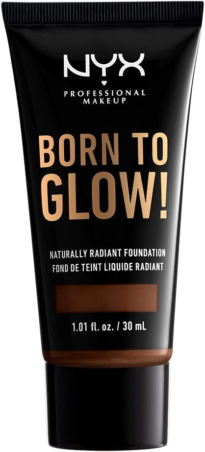 NYX Professional Makeup Born To Glow Naturally Radiant Foundation in shade 22.7 Deep Walnut displayed in its tube, featuring a lightweight liquid foundation with a naturally radiant finish.