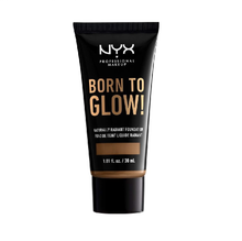 NYX Professional Makeup Born To Glow Naturally Radiant Foundation in shade Deep Sable 18 displayed in its bottle, featuring a lightweight liquid foundation with a naturally radiant finish.