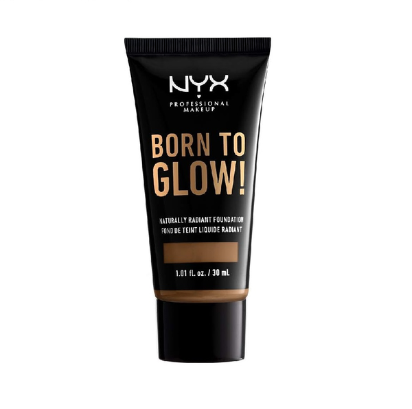 NYX Professional Makeup Born To Glow Naturally Radiant Foundation in shade Deep Sable 18 displayed in its bottle, featuring a lightweight liquid foundation with a naturally radiant finish.