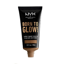 NYX Professional Makeup Born To Glow Naturally Radiant Foundation in shade Deep Sable 18 shown with the cap removed, highlighting the liquid foundation and easy-to-use bottle design.