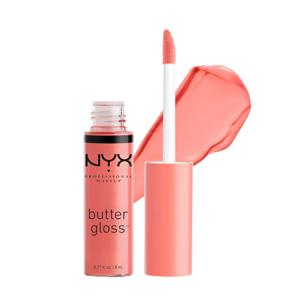 NYX Professional Makeup Butter Gloss in shade 08 Apple Strudel displayed in its tube, featuring a smooth, non-sticky lip gloss with a high-shine finish.