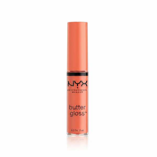 NYX Professional Makeup Butter Gloss in shade 23 Peach Crisp shown with the applicator removed, highlighting its creamy gloss formula for precise application.