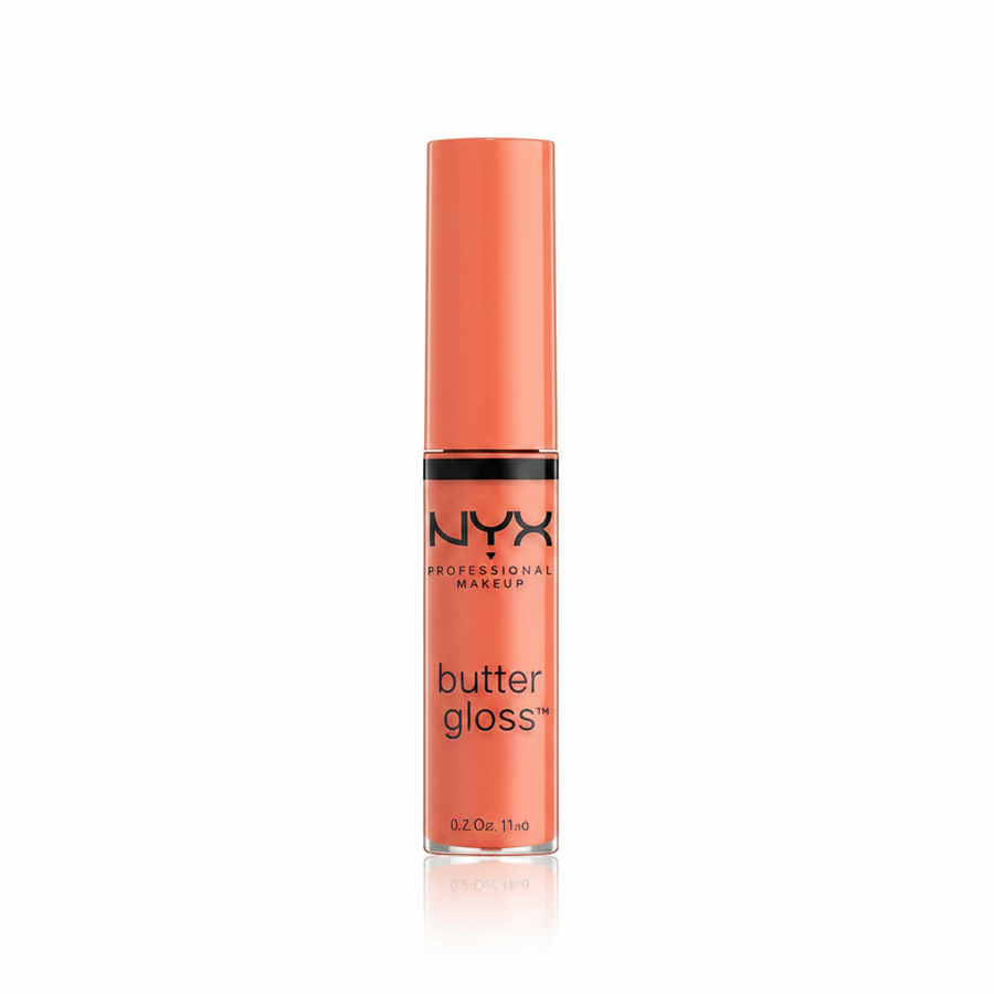 NYX Professional Makeup Butter Gloss in shade 23 Peach Crisp shown with the applicator removed, highlighting its creamy gloss formula for precise application.