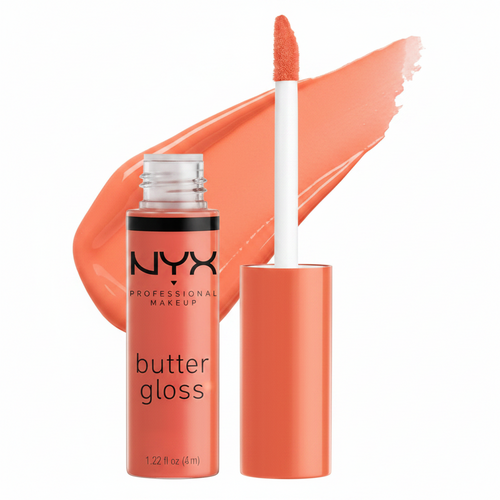 NYX Professional Makeup Butter Gloss in shade 23 Peach Crisp displayed in its tube, featuring a smooth lip gloss with a non-sticky formula.