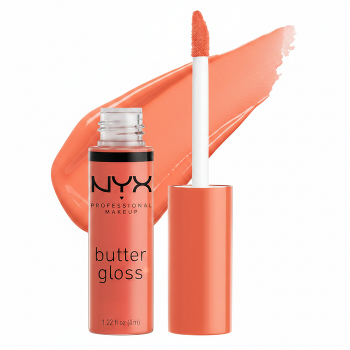 NYX Professional Makeup Butter Gloss in shade 23 Peach Crisp displayed in its tube, featuring a smooth lip gloss with a non-sticky formula.