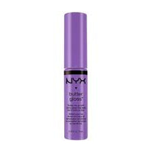 NYX Professional Makeup Butter Gloss in shade 29 Sugar Plum shown with its applicator, highlighting the soft doe-foot wand and creamy gloss formula.