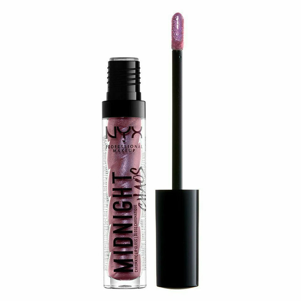 Swatch of NYX Professional Makeup Chromatic Lip Gloss in shade 03 Galaxy Glow showcasing its iridescent champagne shimmer, glossy texture, and multidimensional finish.