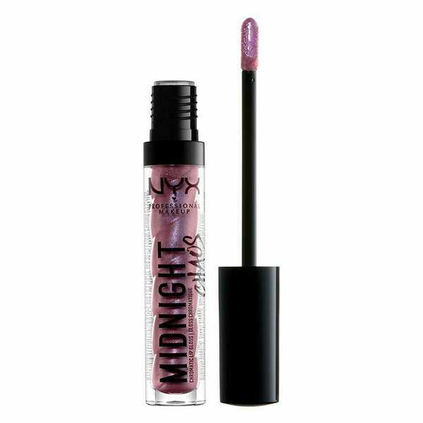 Swatch of NYX Professional Makeup Chromatic Lip Gloss in shade 03 Galaxy Glow showcasing its iridescent champagne shimmer, glossy texture, and multidimensional finish.