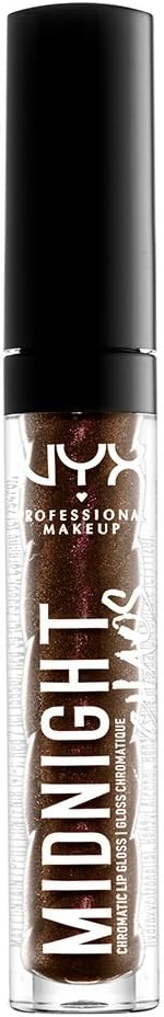 NYX Professional Makeup Chromatic Lip Gloss in shade 11 Dark Dimension shown with its applicator, highlighting the soft doe-foot wand and smooth shimmering gloss formula.