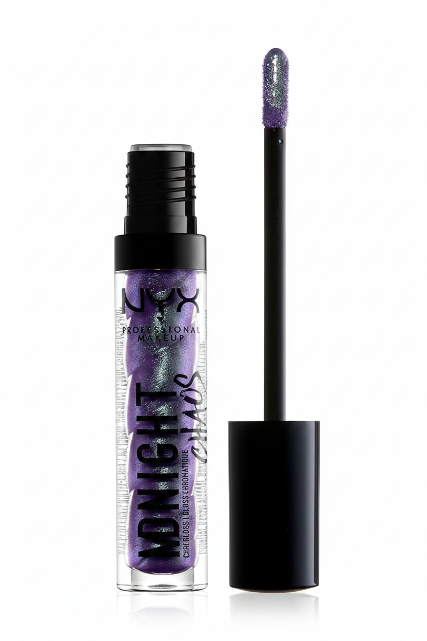 NYX Professional Makeup Chromatic Lip Gloss shade 07 Cosmic Rain delivering shimmering color with a smooth, non-sticky glossy finish.