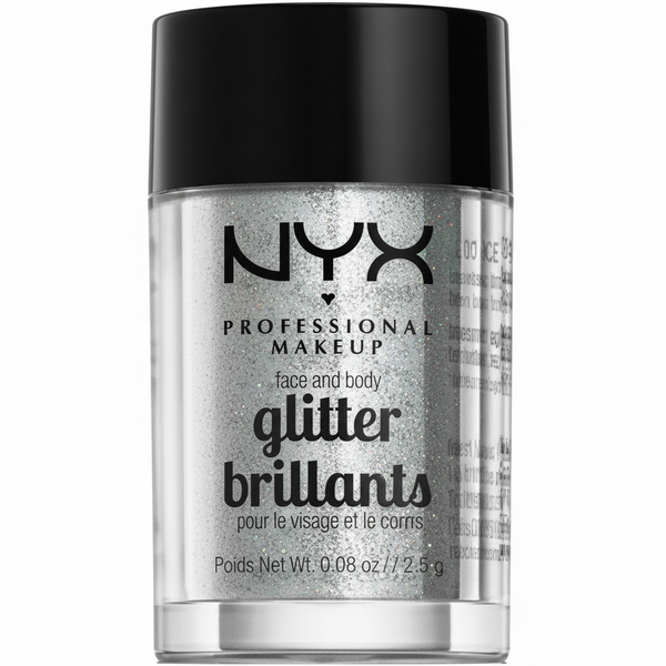 NYX Professional Makeup Face And Body Glitter Brilliants in 07 Ice featuring loose cosmetic glitter in a compact jar for eye, face, and body makeup looks.