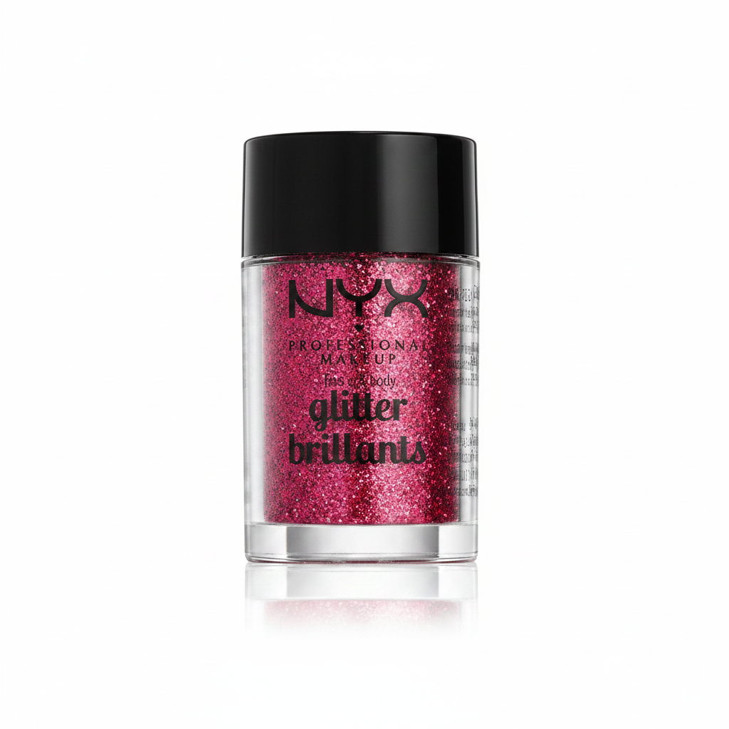 NYX Professional Makeup Face And Body Glitter Brilliants in 09 Red featuring loose cosmetic glitter in a compact jar for eye, face, and body makeup looks.