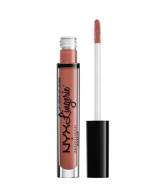 NYX Professional Makeup Lip Lingerie Liquid Lipstick in shade 08 Bedtime Flirt with rich nude color and a smooth matte finish.