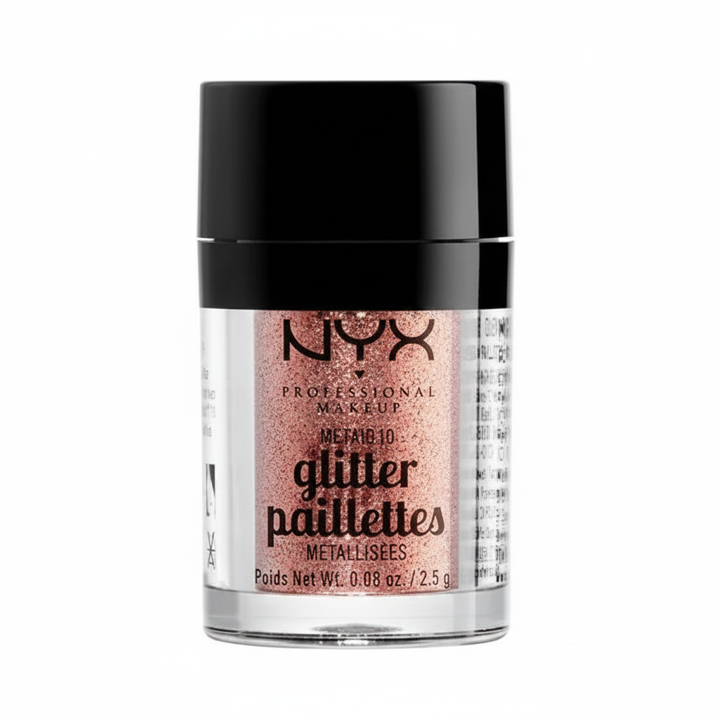 NYX Professional Makeup Metallic Glitter Paillettes in 01 Dubai Bronze featuring loose metallic glitter particles in a compact jar for creative eye and face makeup looks.
