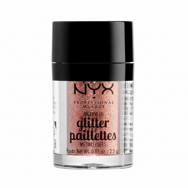 NYX Professional Makeup Metallic Glitter Paillettes in 01 Dubai Bronze featuring loose metallic glitter particles in a compact jar for creative eye and face makeup looks.