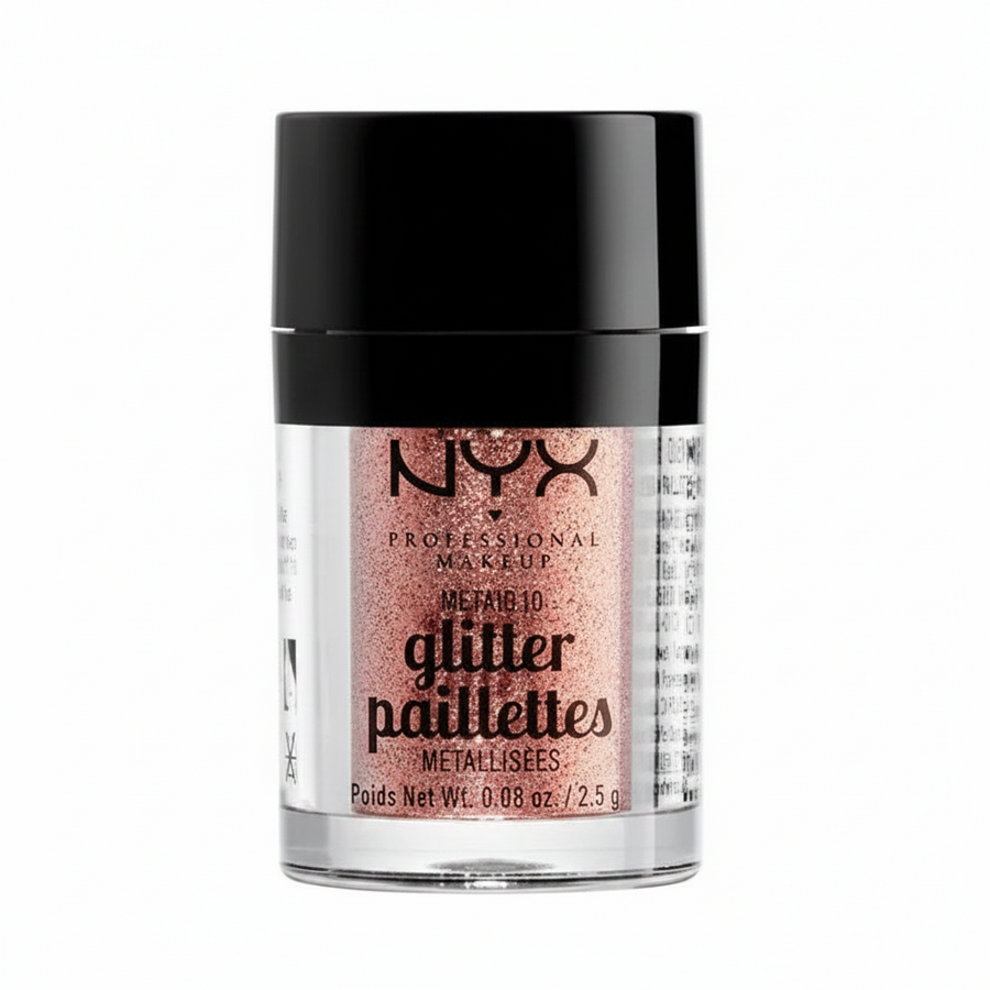 NYX Professional Makeup Metallic Glitter Paillettes in 01 Dubai Bronze featuring loose metallic glitter particles in a compact jar for creative eye and face makeup looks.