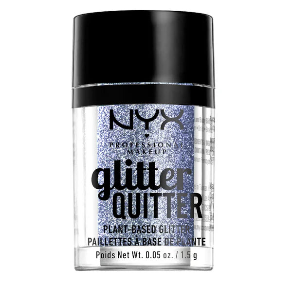 NYX Professional Makeup Plant Based Glitter Quitter in 03 Purple featuring plant-based cosmetic glitter in a compact jar with vibrant reflective sparkle.