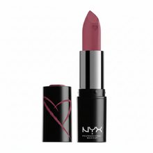NYX Professional Makeup Shout Loud Satin Lipstick in shade 06 Love Is A Drug displayed in its lipstick bullet, featuring a creamy satin formula with rich color payoff.