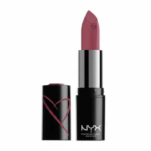 NYX Professional Makeup Shout Loud Satin Lipstick in shade 06 Love Is A Drug displayed in its lipstick bullet, featuring a creamy satin formula with rich color payoff.