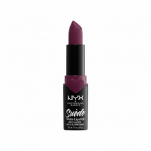 NYX Professional Makeup Suede Matte Lipstick in shade 10 Girl, Bye shown opened, highlighting the lipstick bullet and its smooth, velvety matte formula.