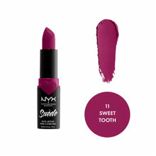NYX Professional Makeup Suede Matte Lipstick in shade 11 Sweet Tooth shown opened, highlighting the lipstick bullet and its smooth, velvety matte texture.