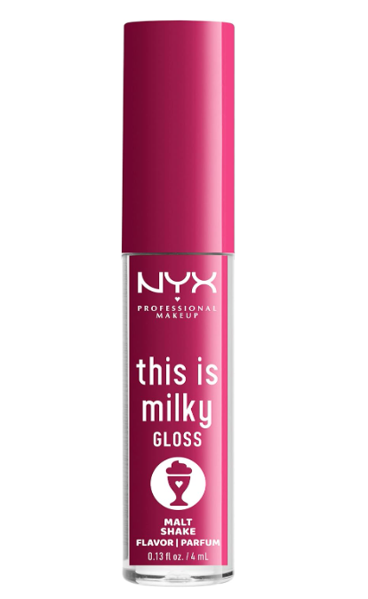 NYX Professional Makeup This Is Milky Lip Gloss in shade Malt Shake displayed in its tube, featuring a hydrating lip gloss with a smooth, glossy finish.