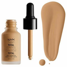 NYX Professional Makeup Total Control Drop Foundation in 08 True Beige with smooth liquid swatches highlighting its blendable texture and buildable coverage.