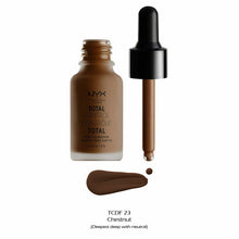 Close-up of NYX Professional Makeup Total Control Drop Foundation in shade 23 Chestnut showcasing the precision dropper and silky liquid foundation texture.