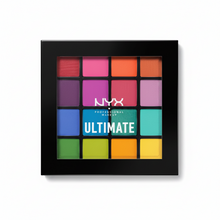 NYX Professional Makeup Ultimate Shadow Palette in 04 Brights featuring a collection of vibrant eyeshadow shades in a compact palette for colorful eye looks.