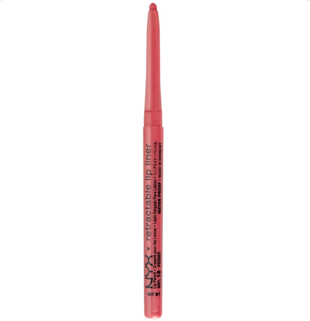 NYX Retractable Lip Liner in shade Peony displayed as a retractable lip pencil, featuring a creamy long-lasting formula for defining and outlining the lips.