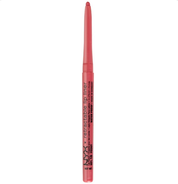 NYX Retractable Lip Liner in shade Peony displayed as a retractable lip pencil, featuring a creamy long-lasting formula for defining and outlining the lips.
