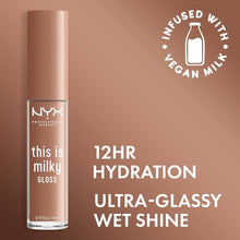 NYX This Is Milky Lip Gloss Cookies and Milk delivering creamy nude color with a smooth, comfortable formula and glossy shine.