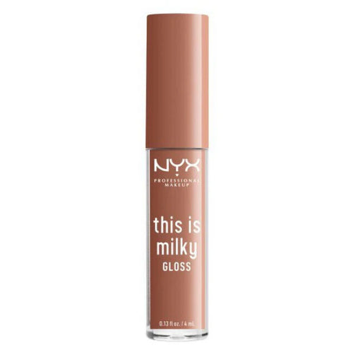 NYX This Is Milky Lip Gloss in Cookies and Milk with a hydrating formula and a high-shine, non-sticky finish.