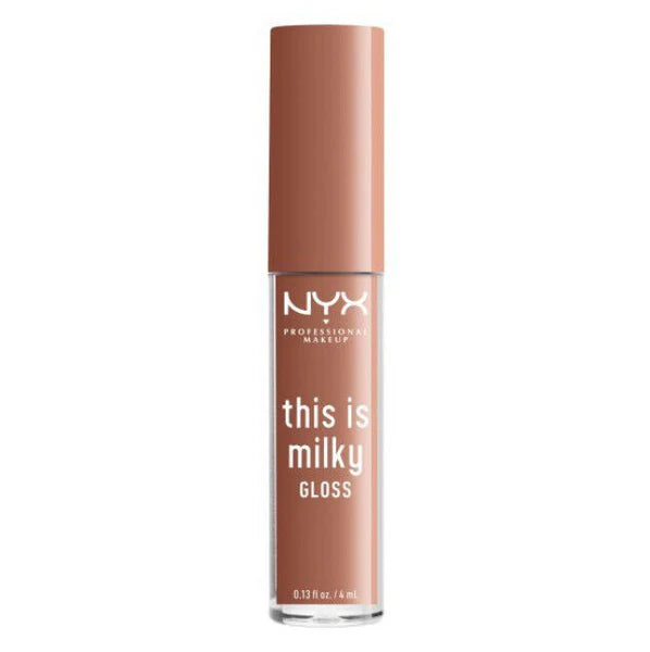 NYX This Is Milky Lip Gloss in Cookies and Milk with a hydrating formula and a high-shine, non-sticky finish.
