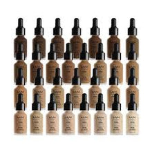Swatches of NYX Professional Makeup Total Control Drop Foundation in shade 19 Mocha showing a smooth blendable liquid texture and natural matte finish.
