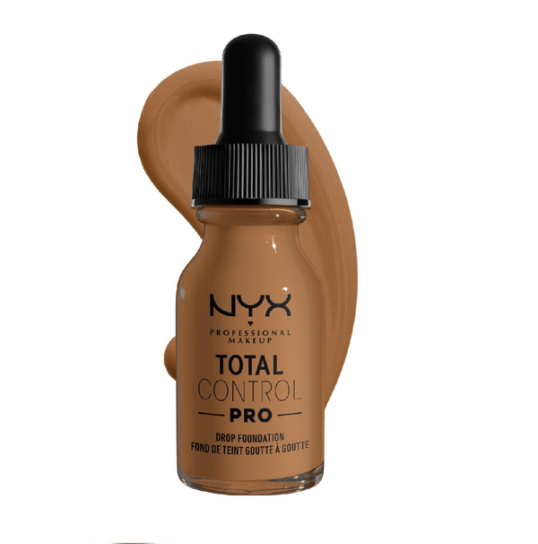 NYX Total Control Pro Drop Foundation in 16.5 Nutmeg featuring a lightweight liquid formula in a glass bottle with a precision dropper for customizable coverage.