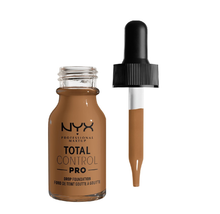 Close-up of NYX Total Control Pro Drop Foundation in shade 16.5 Nutmeg showcasing the precision dropper and smooth liquid foundation formula.