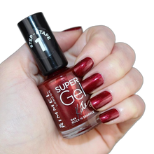 Rimmel London Super Gel Nail Polish in 044 Rock N Sparkle Dark Red delivering a long-lasting gel-like shine without UV light.