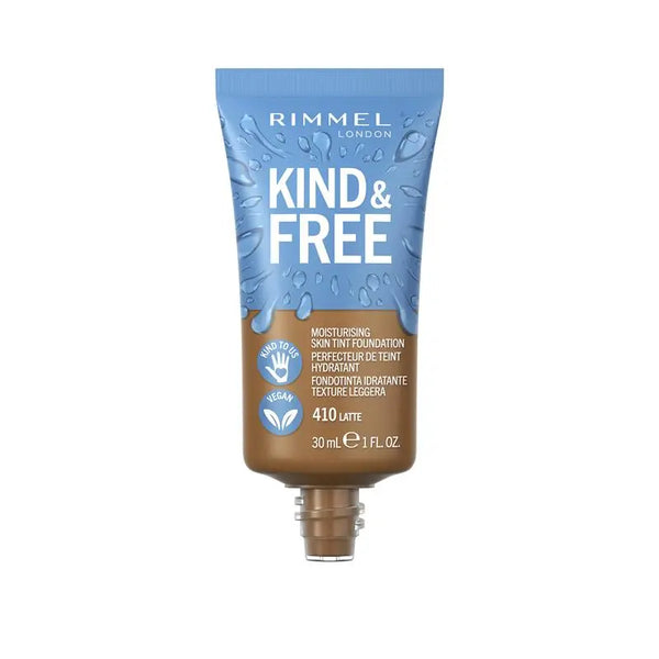Rimmel Kind & Free Foundation in shade 410 Latte displayed in its bottle, featuring a lightweight liquid foundation with a natural-looking finish.