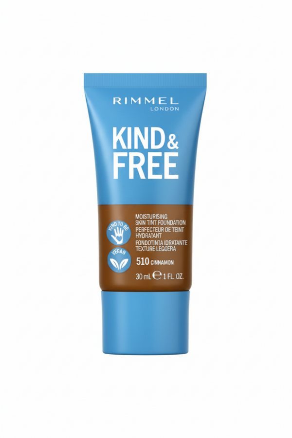 Rimmel Kind & Free Foundation in shade 601 Soft Chocolate displayed in its bottle, featuring a lightweight liquid foundation with a natural-looking finish.