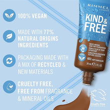 Rimmel Kind & Free Foundation in shade 601 Soft Chocolate shown with the cap removed, highlighting the liquid foundation and easy-to-use bottle design.