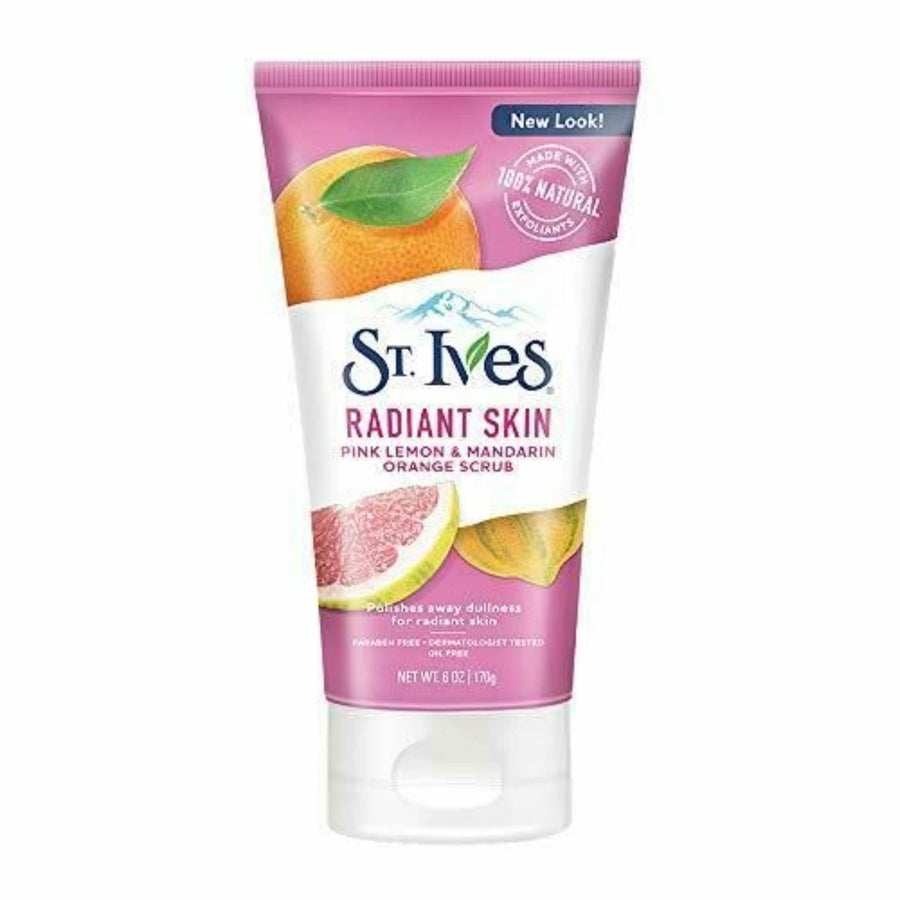 St. Ives Even & Bright Face Scrub with Pink Lemon & Mandarin Orange displayed in its tube packaging, featuring an exfoliating facial scrub designed to help cleanse and refresh the skin.