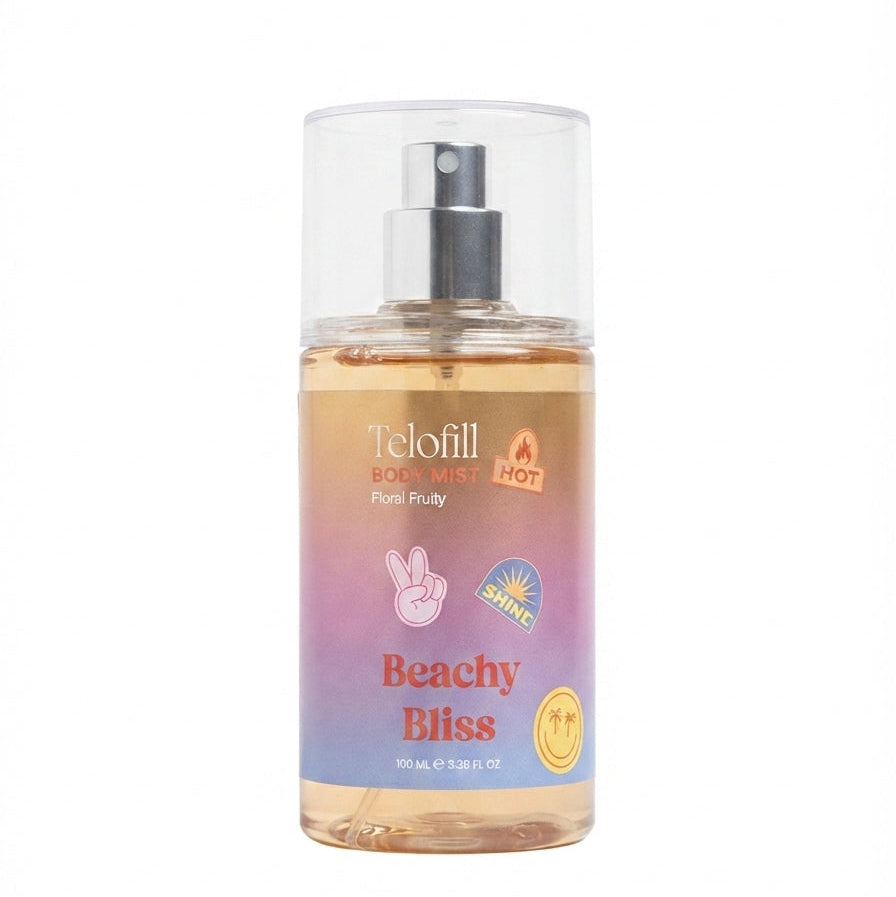 Telofill Beachy Bliss Body Mist 100ml displayed clearly, highlighting the product packaging, name, size, and fruity summer fragrance.