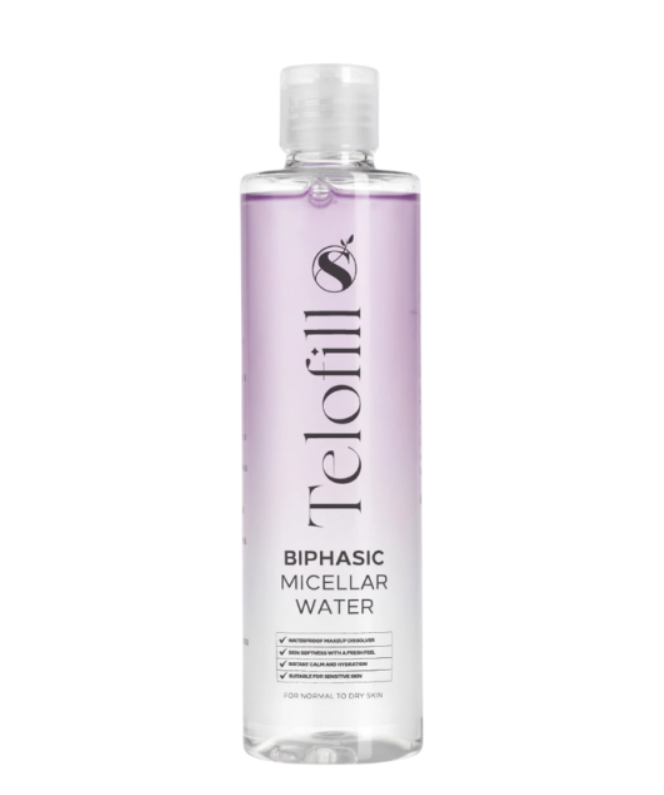 Telofill Biphasic Micellar Water featuring a dual-phase formula that gently cleanses and removes long-lasting makeup.