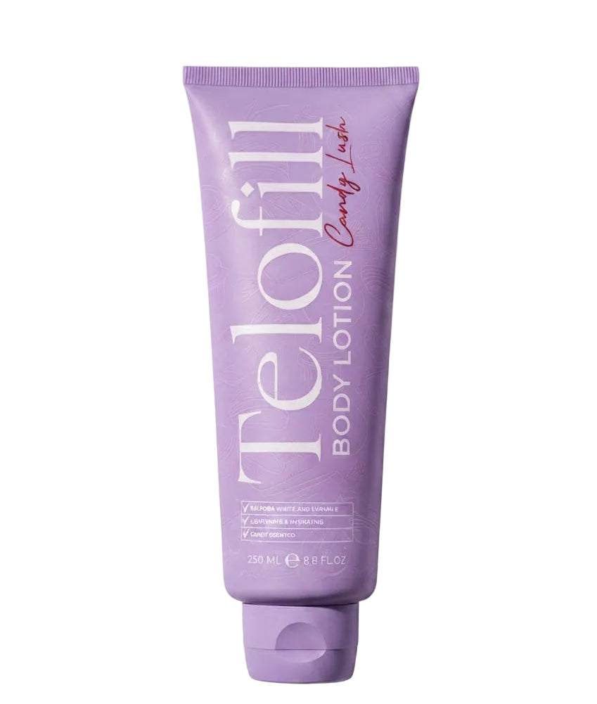 Telofill Candy Lush Body Lotion 250ml displayed clearly, highlighting the product packaging, name, size, and moisturizing body care formula.