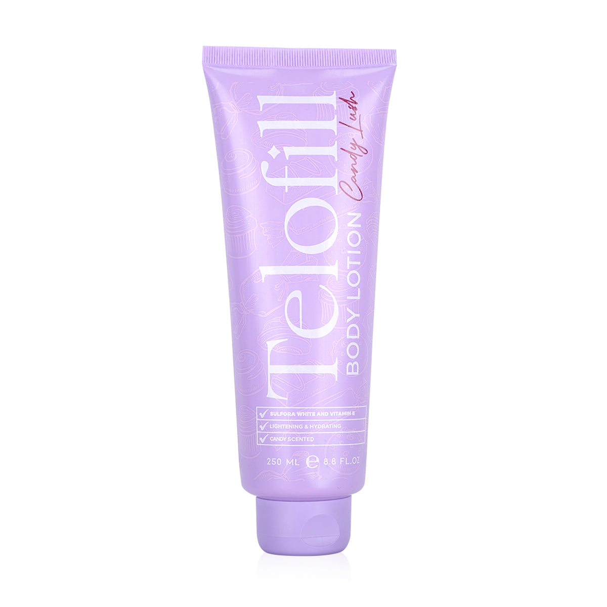 Telofill Candy Lush Body Lotion 250ml displayed clearly, highlighting the product packaging, name, size, and moisturizing formula.