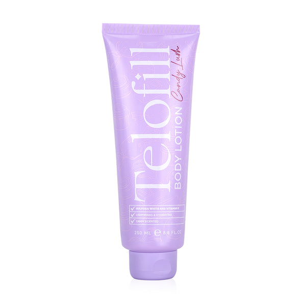 Telofill Candy Lush Body Lotion 250ml displayed clearly, highlighting the product packaging, name, size, and moisturizing formula.