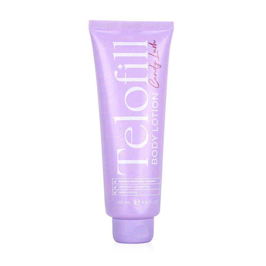 Telofill Candy Lush Body Lotion 250ml displayed clearly, highlighting the product packaging, name, size, and moisturizing formula.
